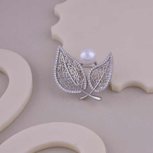Silver Leaf Pearl Brooch
