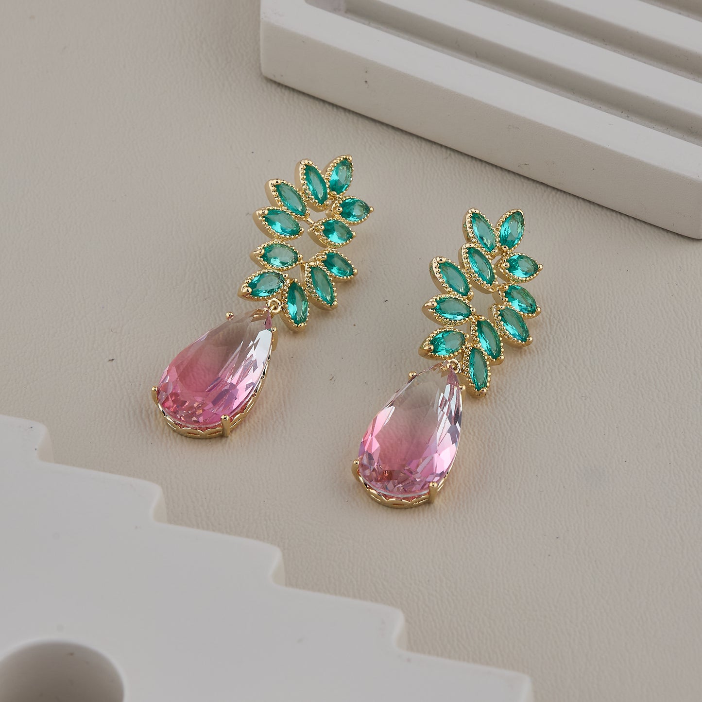 Emerald Pink Leaf Studs