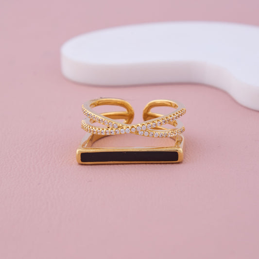Gold Criss-Cross CZ Ring with Black Enamel Band