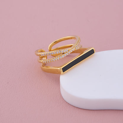 Gold Criss-Cross CZ Ring with Black Enamel Band