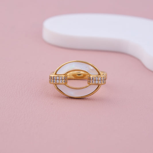 Gold Oval Ring with White Enamel and CZ Detailing