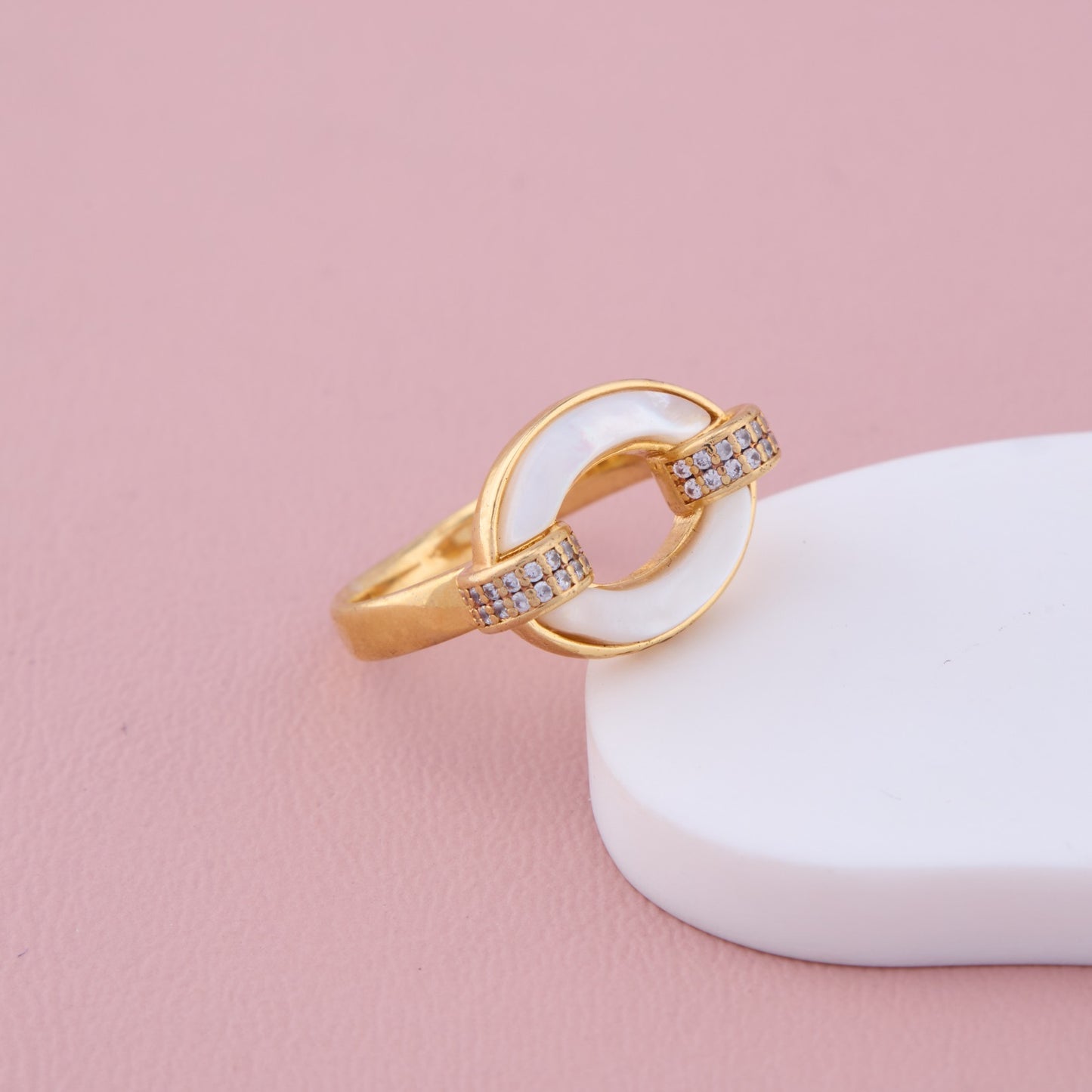 Gold Oval Ring with White Enamel and CZ Detailing