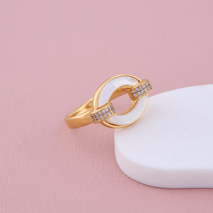 Gold Oval Ring with White Enamel and CZ Detailing