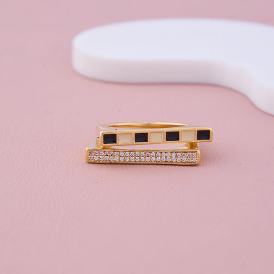 Geometric Gold Ring with Black and White Enamel & CZ Detailing