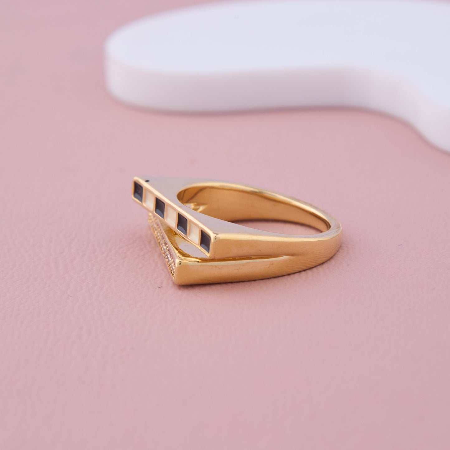 Geometric Gold Ring with Black and White Enamel & CZ Detailing