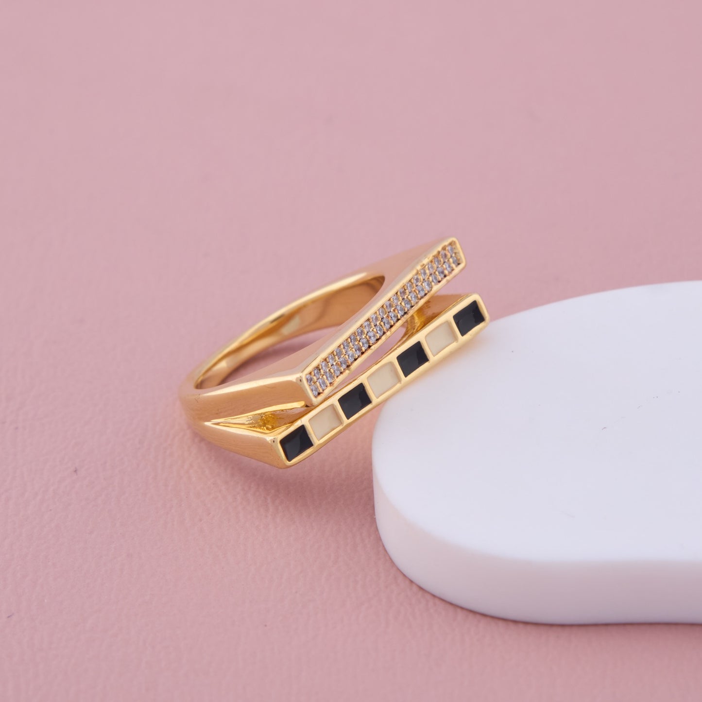 Geometric Gold Ring with Black and White Enamel & CZ Detailing