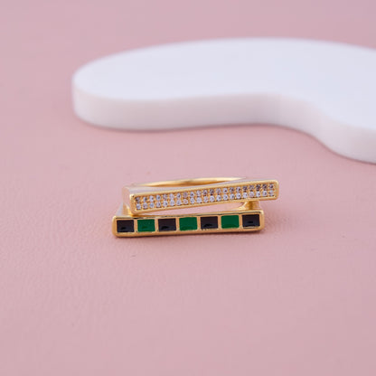 Gold Geometric Ring with Green & Black Enamel