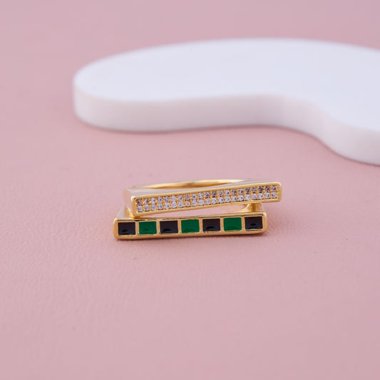 Gold Geometric Ring with Green & Black Enamel