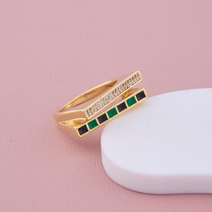 Gold Geometric Ring with Green & Black Enamel
