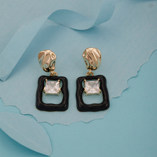 Black Enamel Square Drop Earrings with Crystal Center for Women & Girls