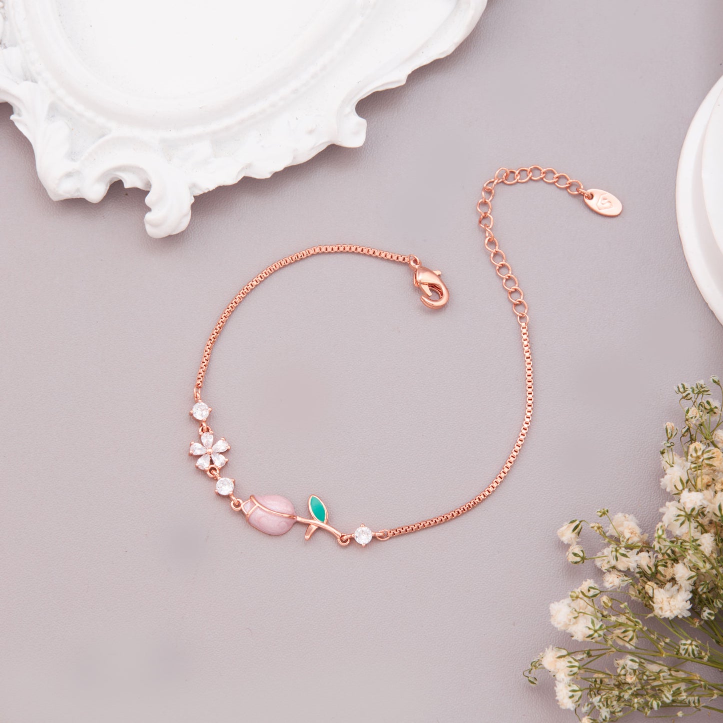 Stainless Steel Rose Gold Plated Wraparound Bracelet with American Diamonds