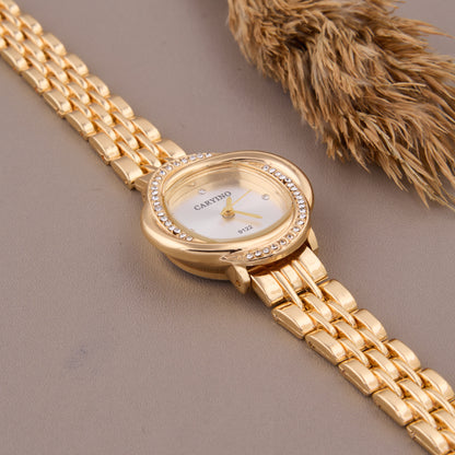 Elegant Gold-Tone Crystal-Studded Round Watch for Women