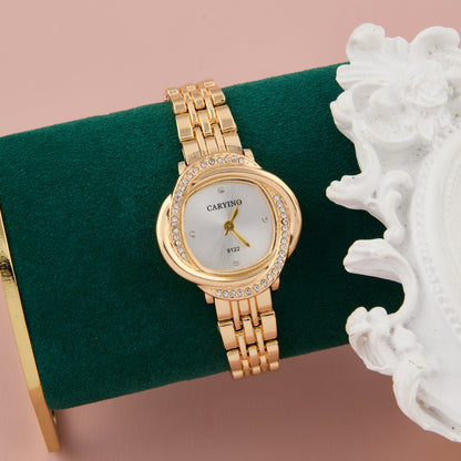Elegant Gold-Tone Crystal-Studded Round Watch for Women