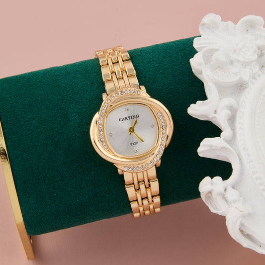 Elegant Gold-Tone Crystal-Studded Round Watch for Women