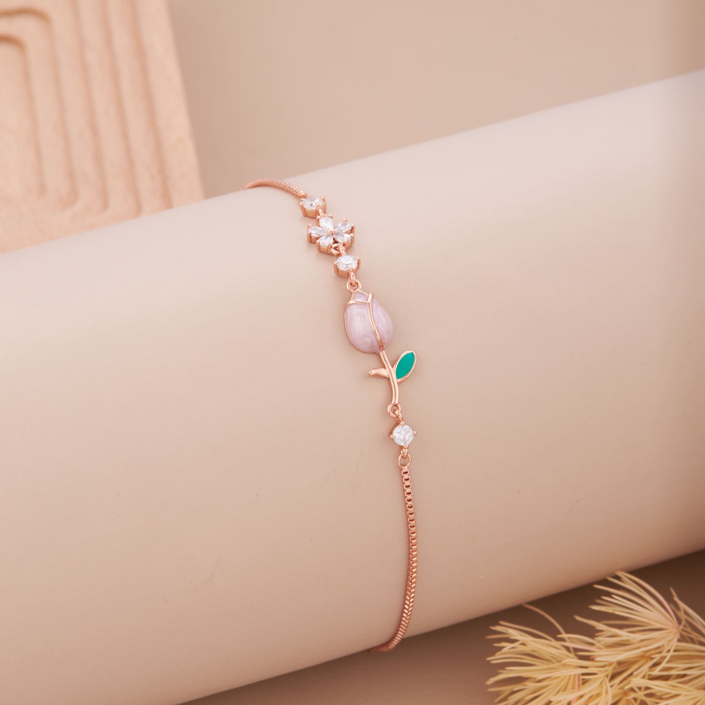 Stainless Steel Rose Gold Plated Wraparound Bracelet with American Diamonds
