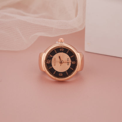 Rose Gold Ring Watch with Black & Champagne Dial Contrast