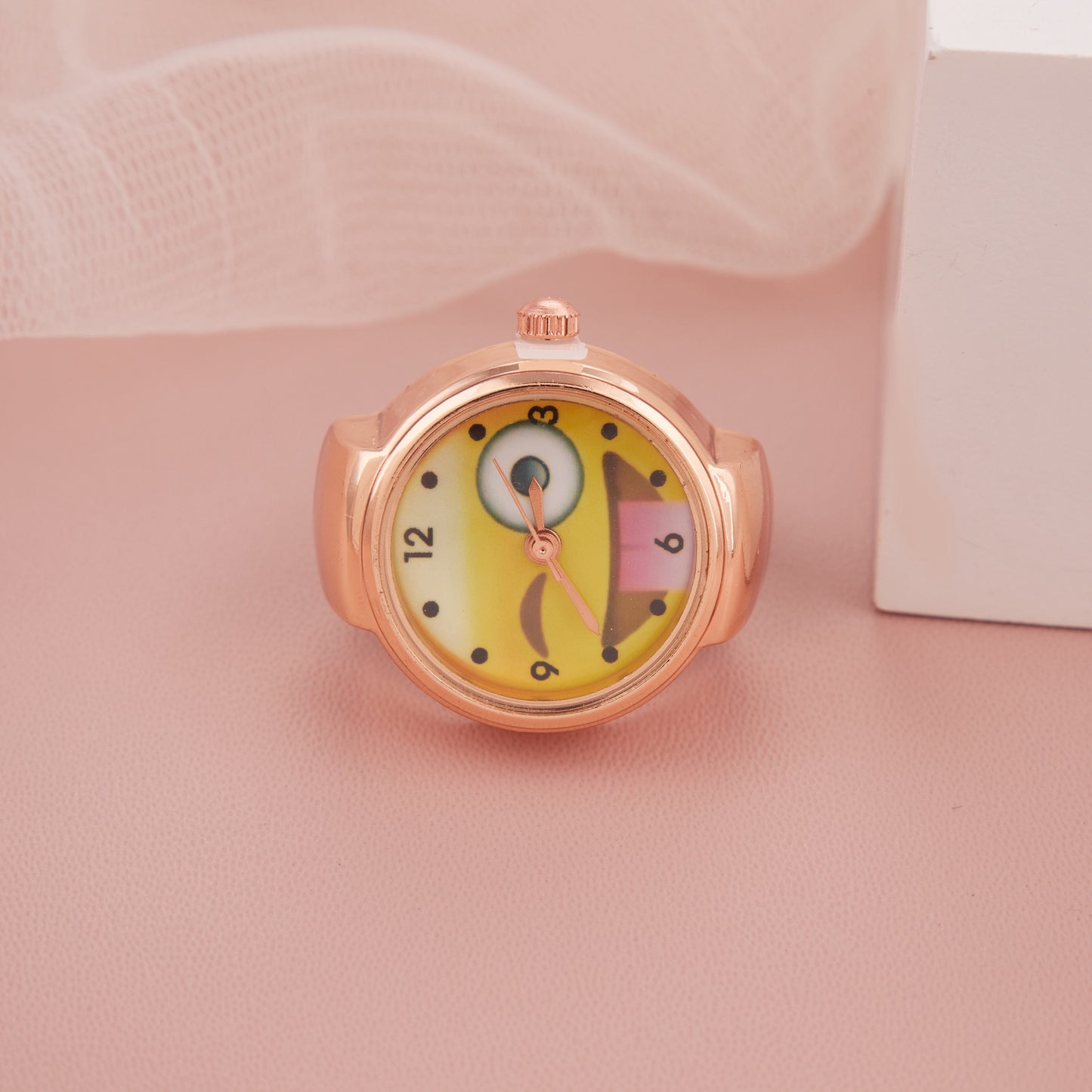 Stylist Rose Gold Ring Watch with Fun Yellow Cartoon Dial for Girls & Women