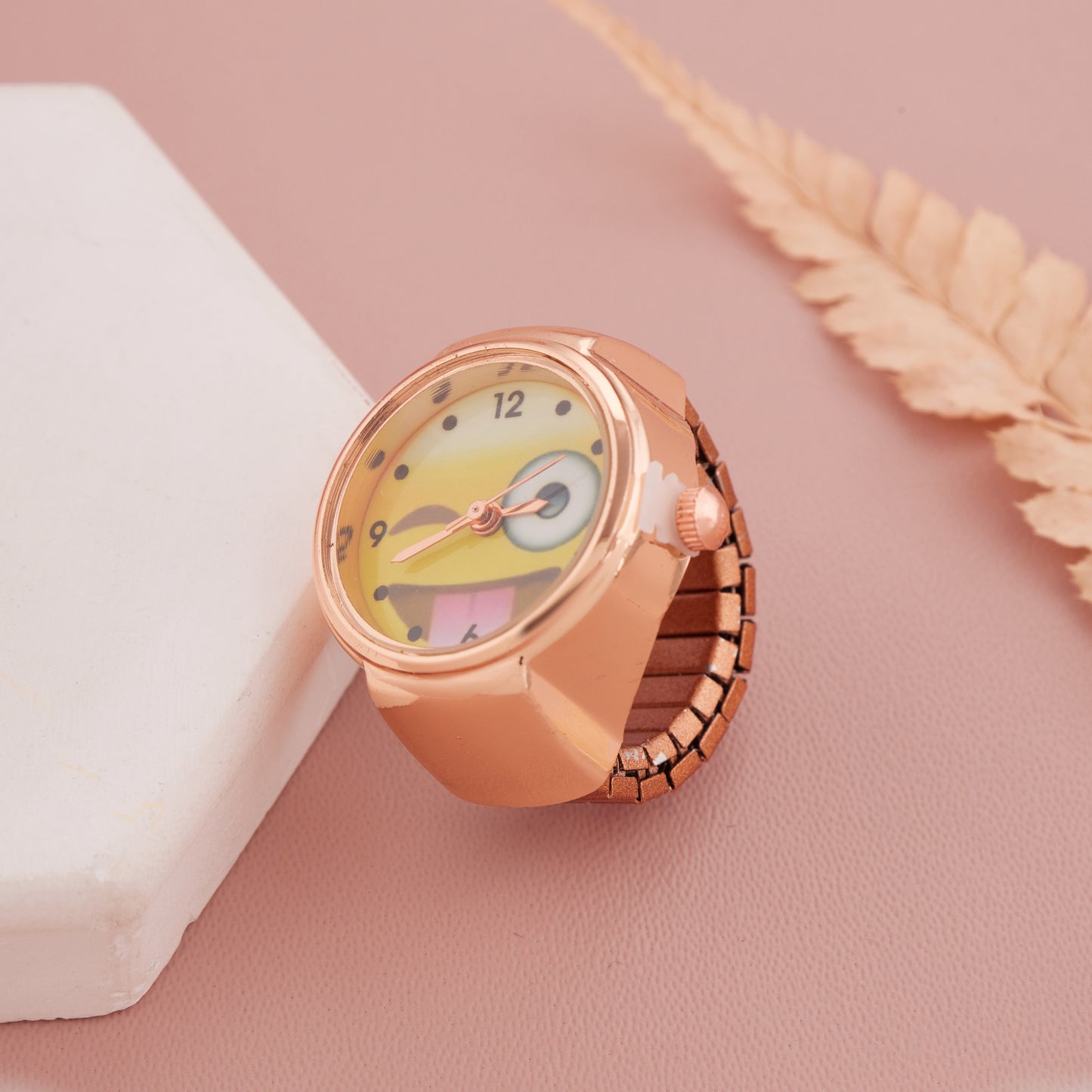 Stylist Rose Gold Ring Watch with Fun Yellow Cartoon Dial for Girls & Women