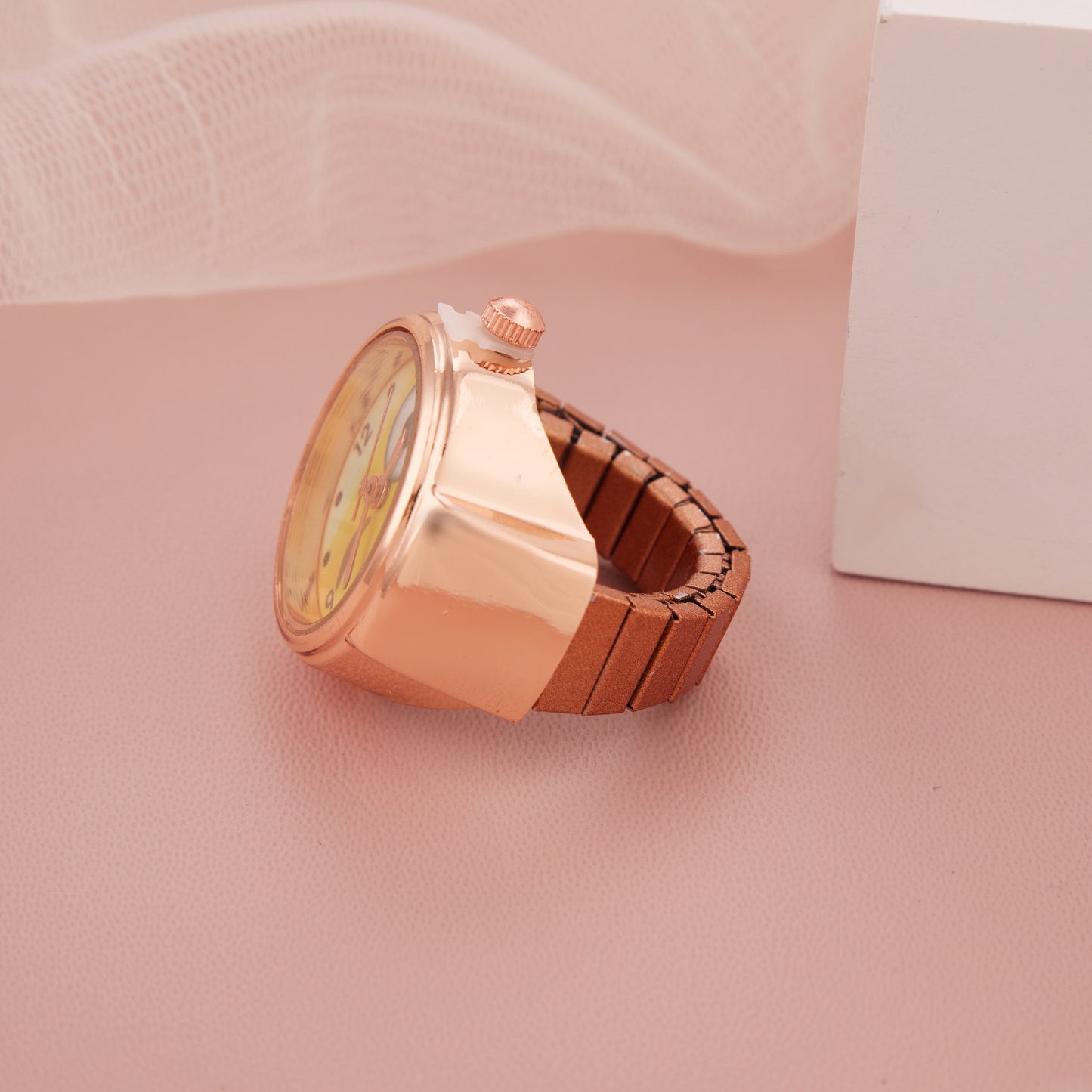 Stylist Rose Gold Ring Watch with Fun Yellow Cartoon Dial for Girls & Women
