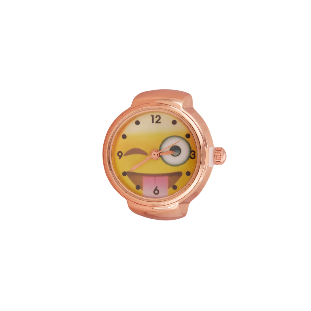 Stylist Rose Gold Ring Watch with Fun Yellow Cartoon Dial for Girls & Women