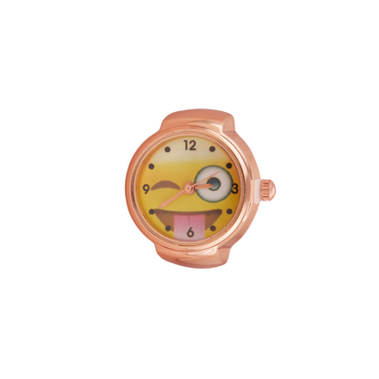 Stylist Rose Gold Ring Watch with Fun Yellow Cartoon Dial for Girls & Women