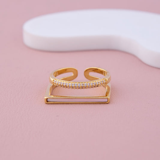 Gold Dual Band Ring with White Enamel and CZ Row