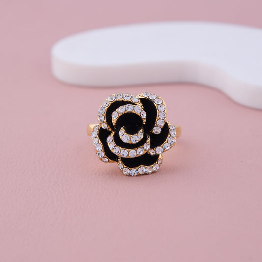 Black Enamel Rose Ring with Crystal Accents