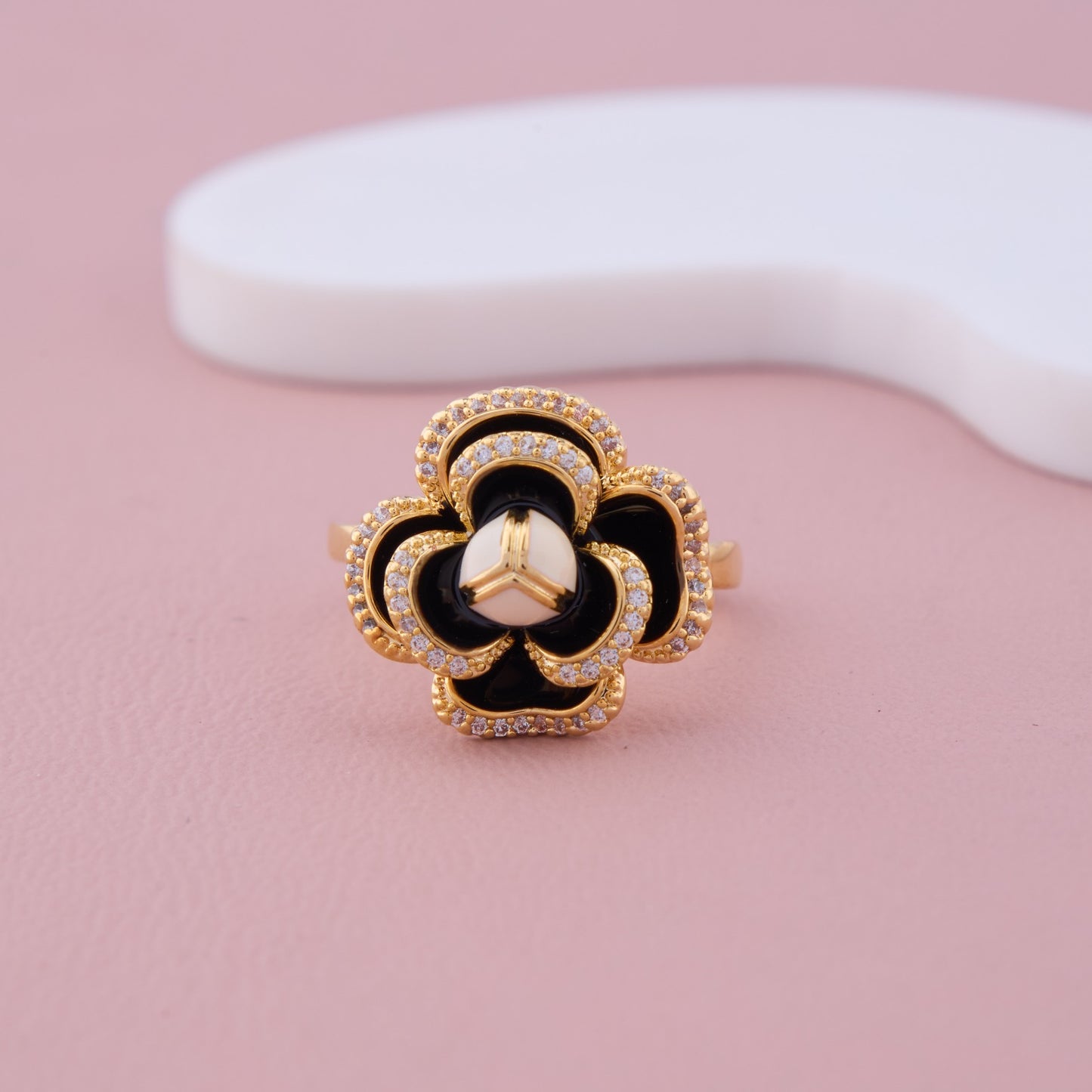 Gold & Black Enamel Floral Ring with CZ Detailing