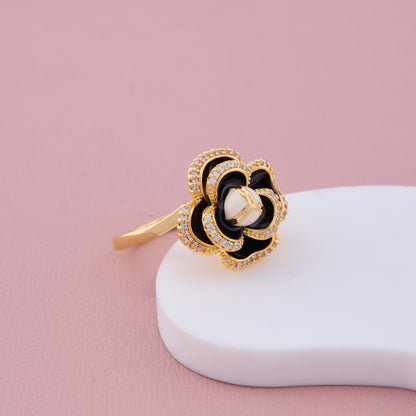 Gold & Black Enamel Floral Ring with CZ Detailing