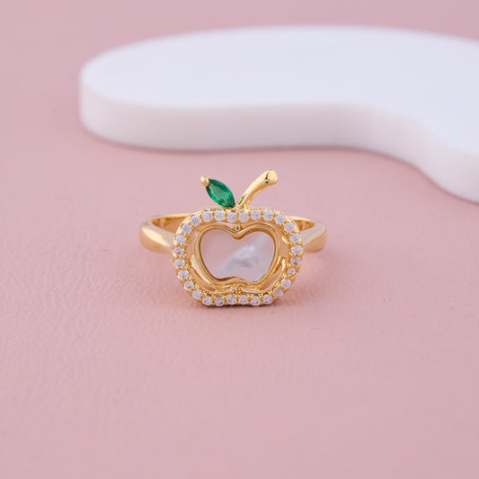 Gold Apple-Shaped Ring with CZ Halo and Green Leaf Accent