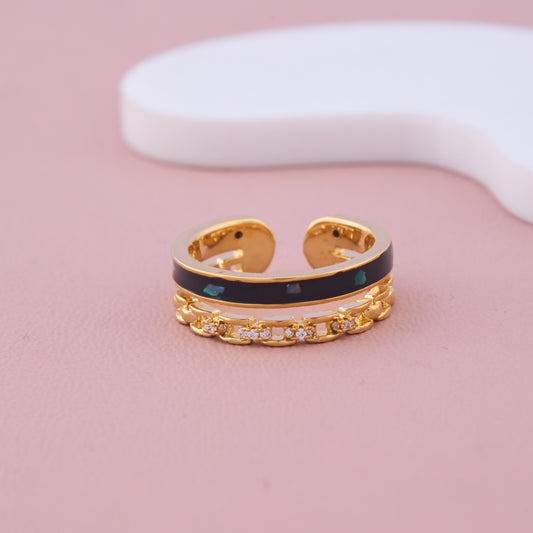 Gold Adjustable Band with Black Enamel, Emerald Accents