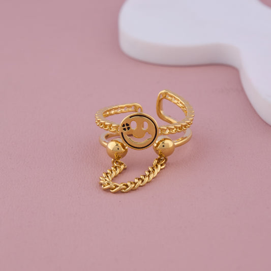 Gold Smiley Face Adjustable Chain Ring