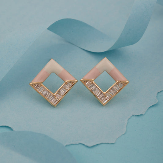Pink & White Enamel Rhombus Stud Earrings with Crystal Accents for Women & Girls