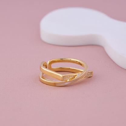 Gold Crossover Adjustable Ring with CZ Detailing