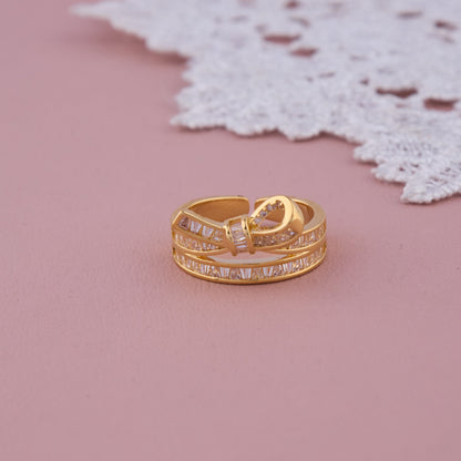 Gold Bow Knot Adjustable Ring with Baguette