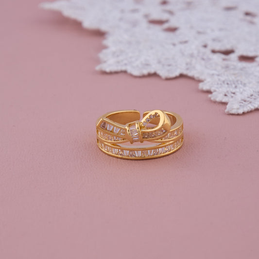 Gold Bow Knot Adjustable Ring with Baguette