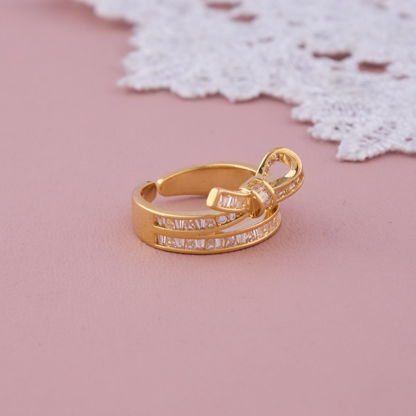 Gold Bow Knot Adjustable Ring with Baguette