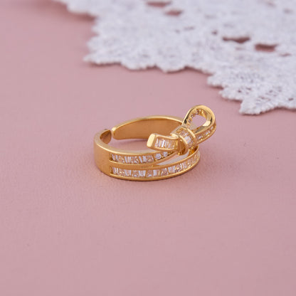 Gold Bow Knot Adjustable Ring with Baguette