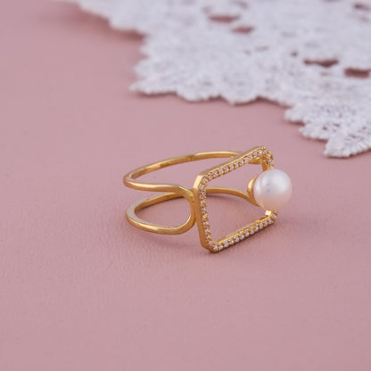 Gold Rectangle Frame Ring with Pearl