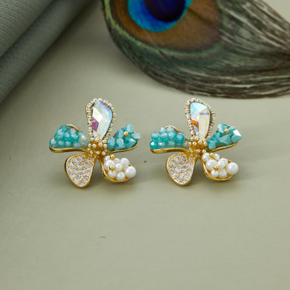 Handmade Floral Earrings with Blue & White Stones