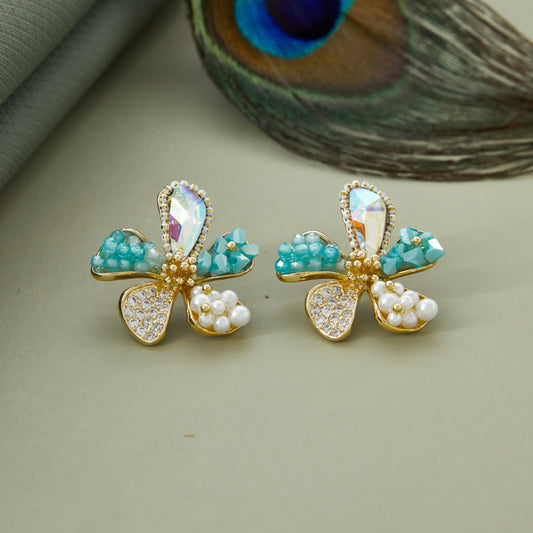 Handmade Floral Earrings with Blue & White Stones