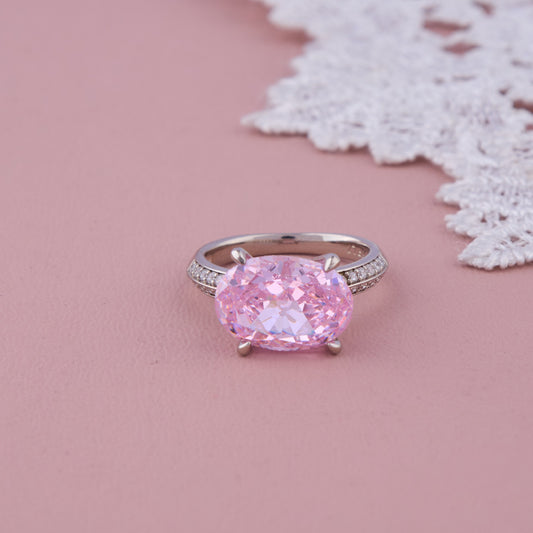 Silver Band Ring with Large Oval Pink Stone