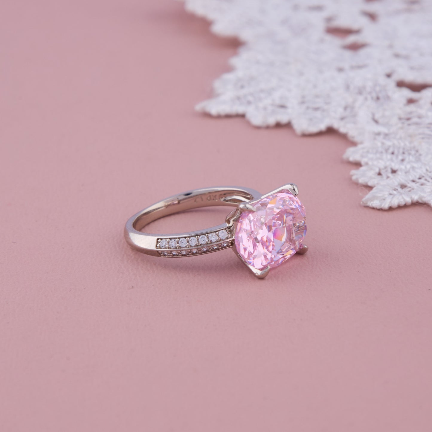 Silver Band Ring with Large Oval Pink Stone