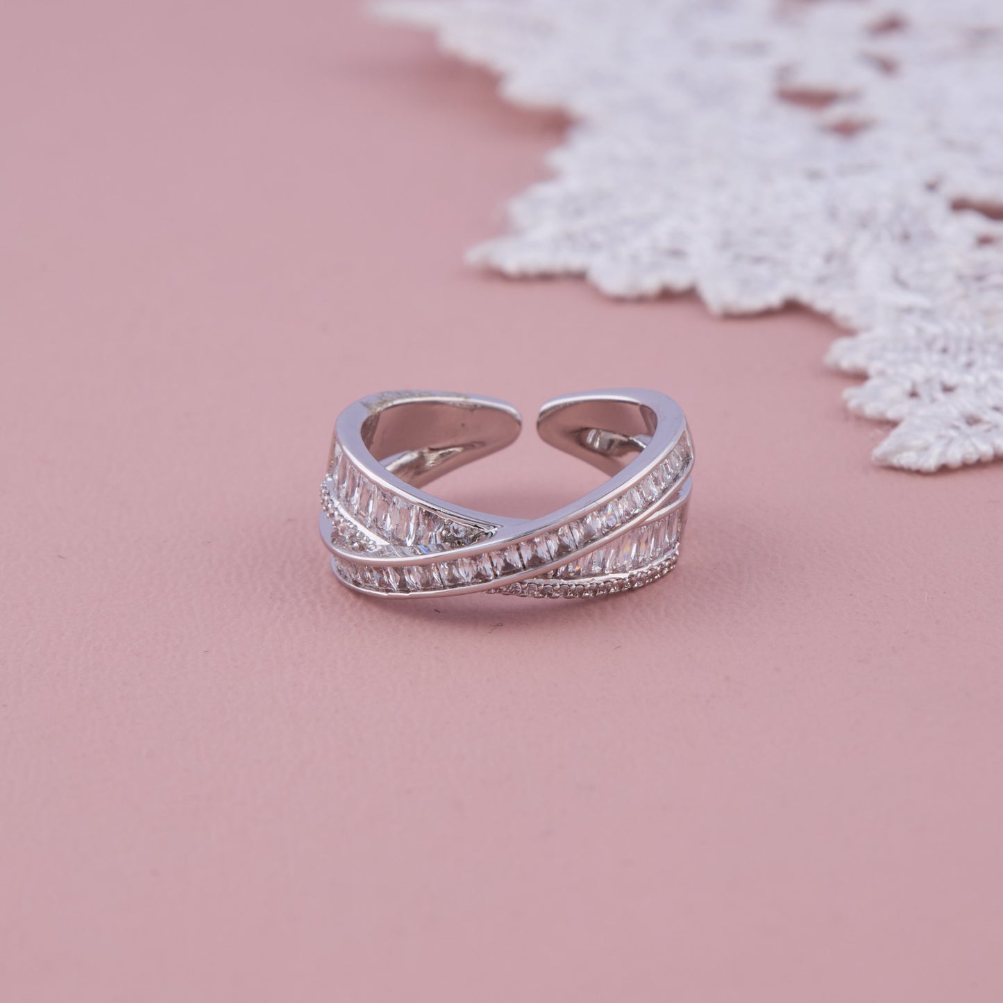 Silver Criss-Cross Open Ring with Baguette and CZ Detailing