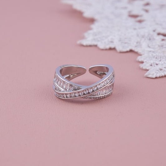 Silver Criss-Cross Open Ring with Baguette and CZ Detailing