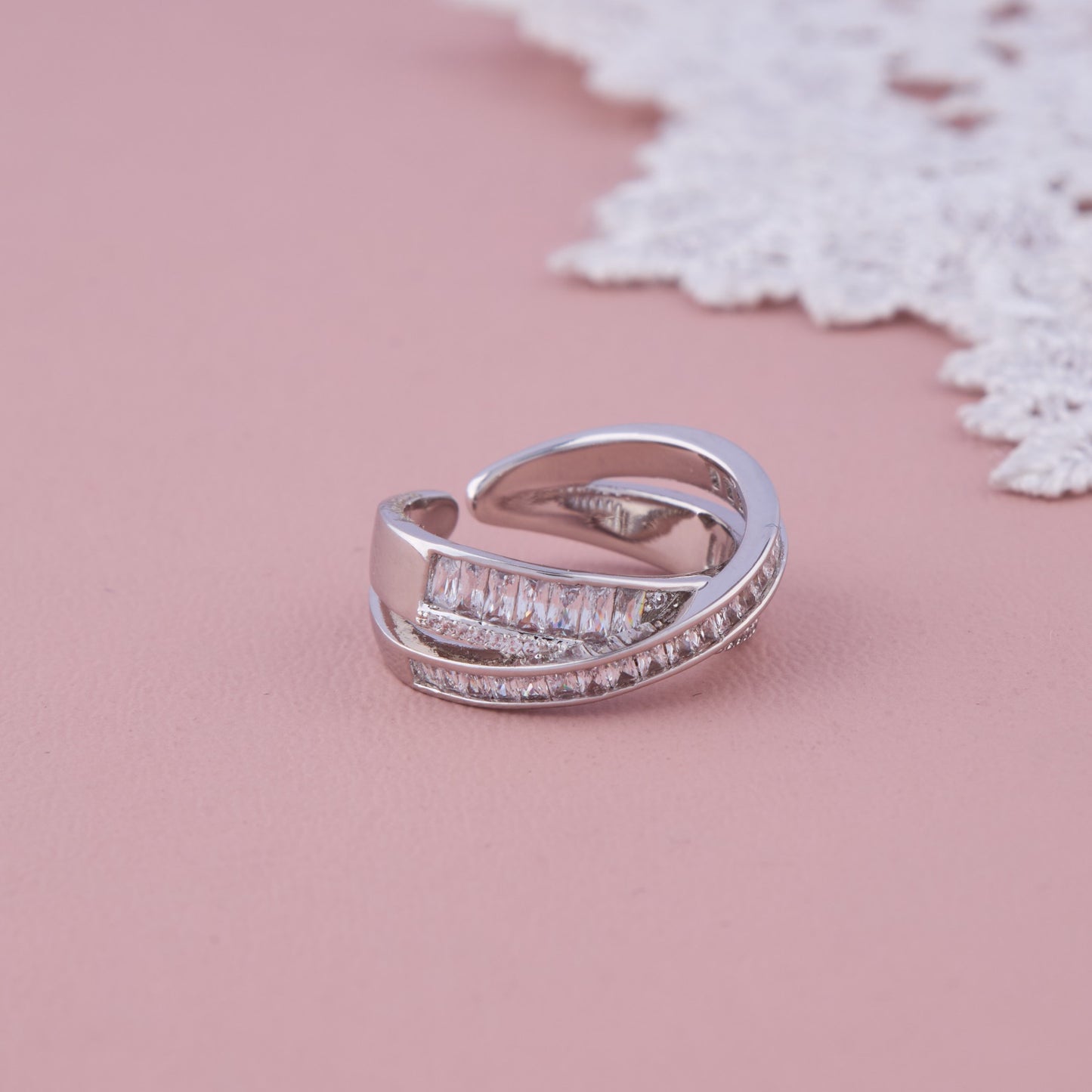 Silver Criss-Cross Open Ring with Baguette and CZ Detailing