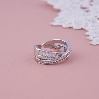 Silver Criss-Cross Open Ring with Baguette and CZ Detailing