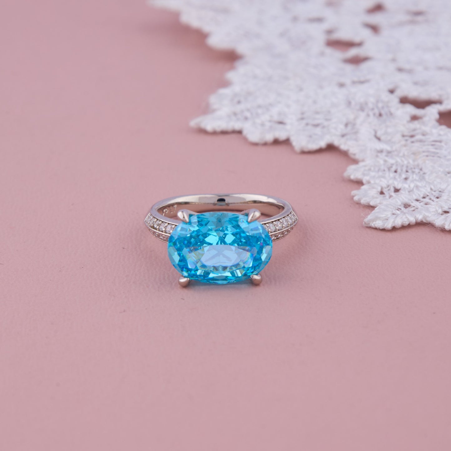 Silver Band Ring with Large Oval Blue Stone