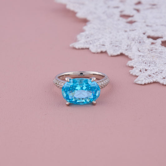 Silver Band Ring with Large Oval Blue Stone