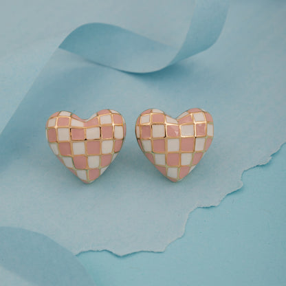 Checkered Pink & White Heart Stud Earrings for Women & Girls